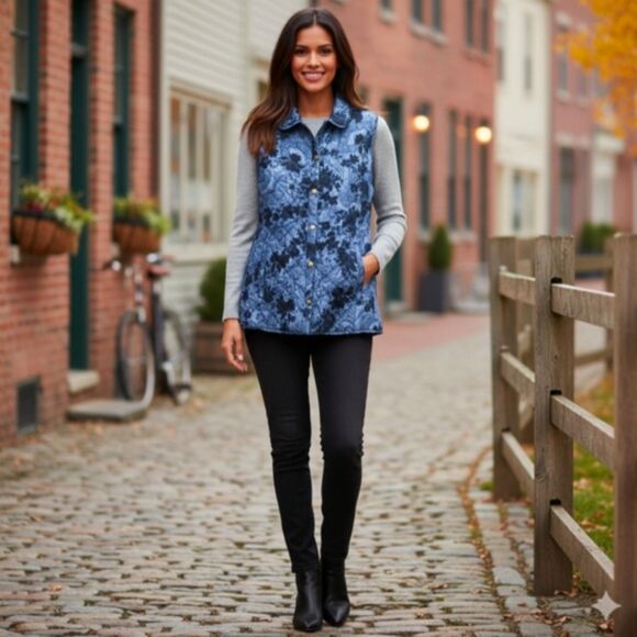 J.Jill Blue Floral Paisley Quilted Puffer Vest Button Front Pockets Fall Comfy M - Picture 3 of 11